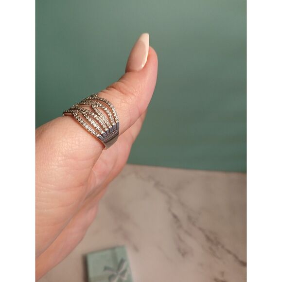 Rhodium-Plated Cubic Zirconia Criss-Cross Wide Band Cocktail Ring - Picture 6 of 11